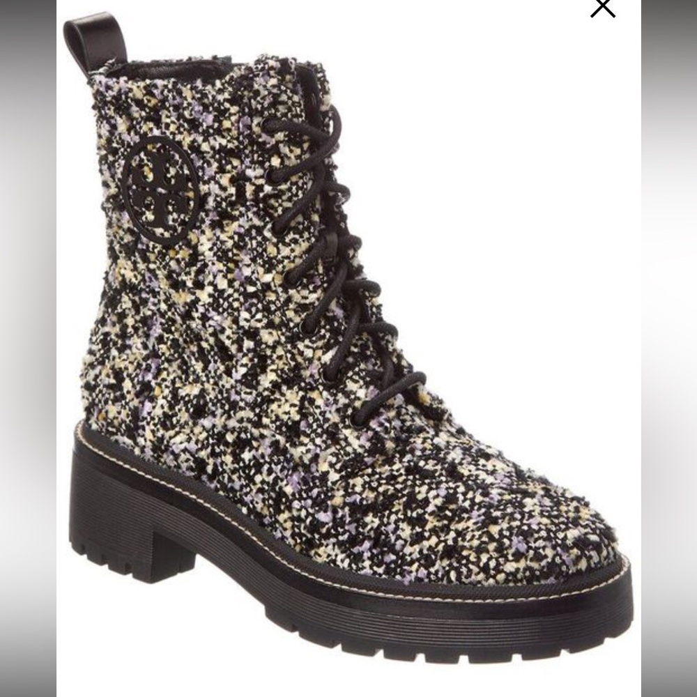 Tory Burch Black, Cream & Lavender Tweed Lace-Up Ankle Boots